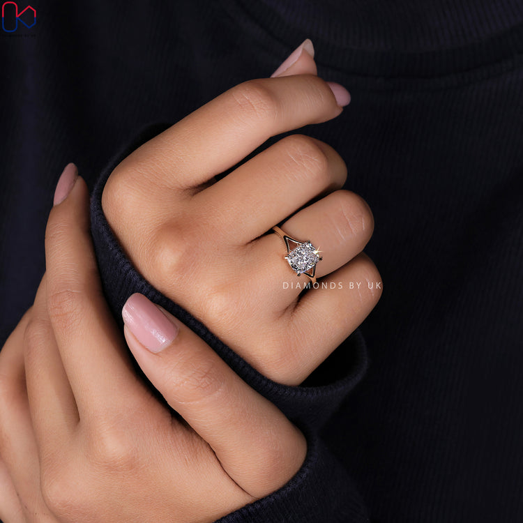 Buy engagement ring with a beautiful elongated cushion cut diamond.
