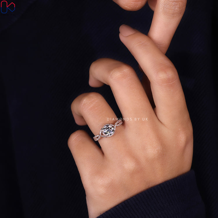 Lab grown diamond ring with twisted pave design.
