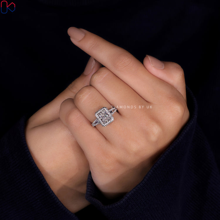 Pave ring with a radiant cut diamond for added brilliance.
