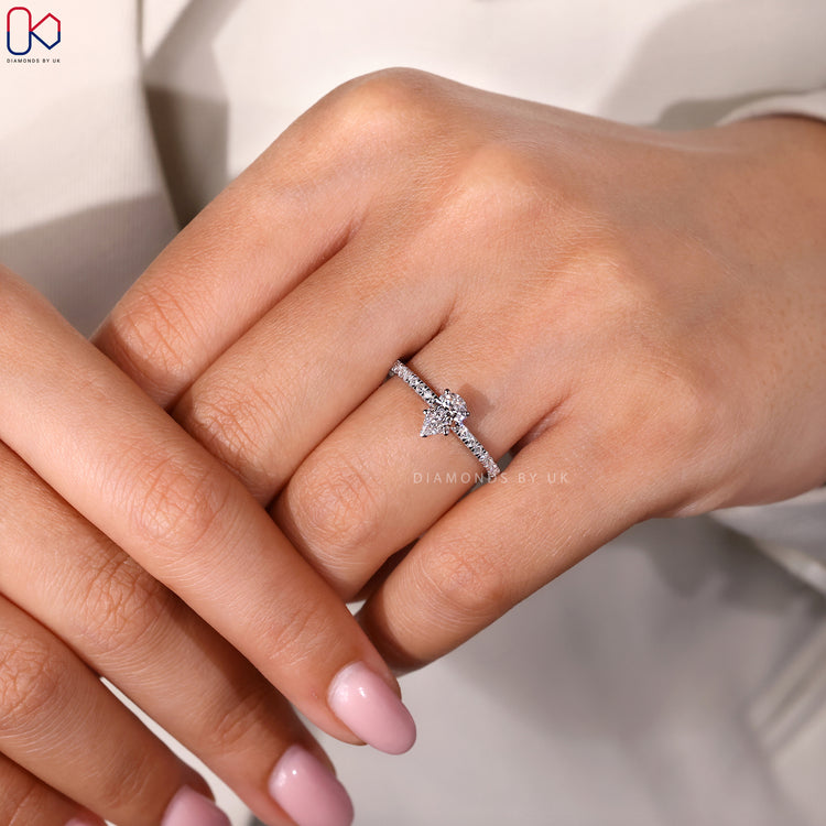 Lab grown pear cut diamond engagement ring.
