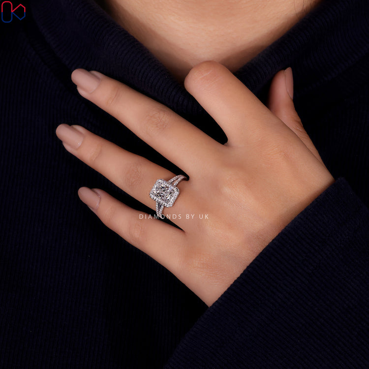 Handmade jewellery featuring a radiant cut diamond and pave ring design.