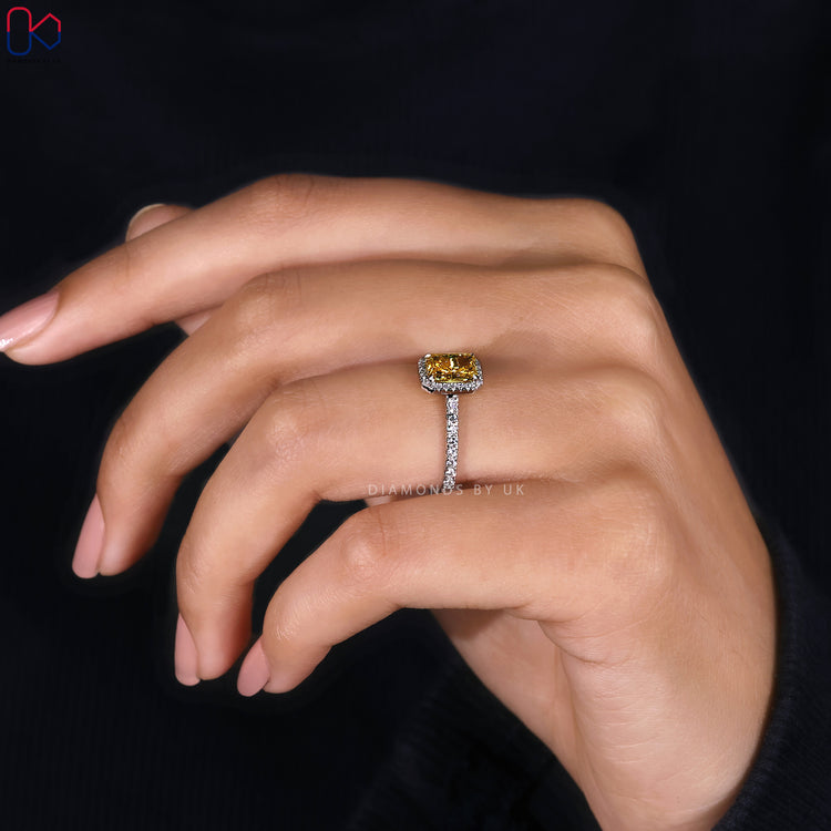 Lab grown radiant cut diamond engagement ring.
