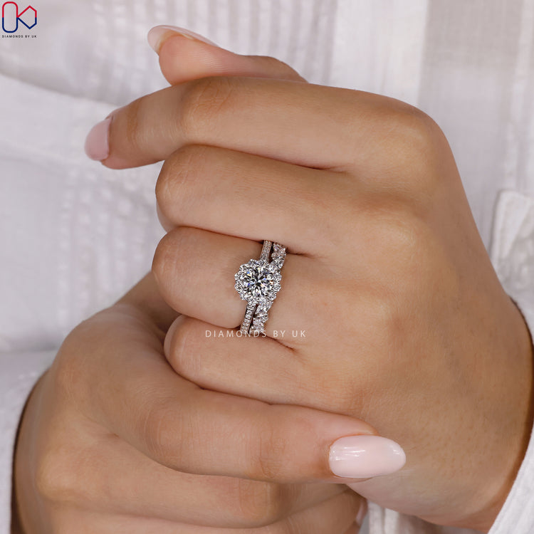 Lab grown diamond halo setting engagement ring with a handmade bridal set for true elegance.

