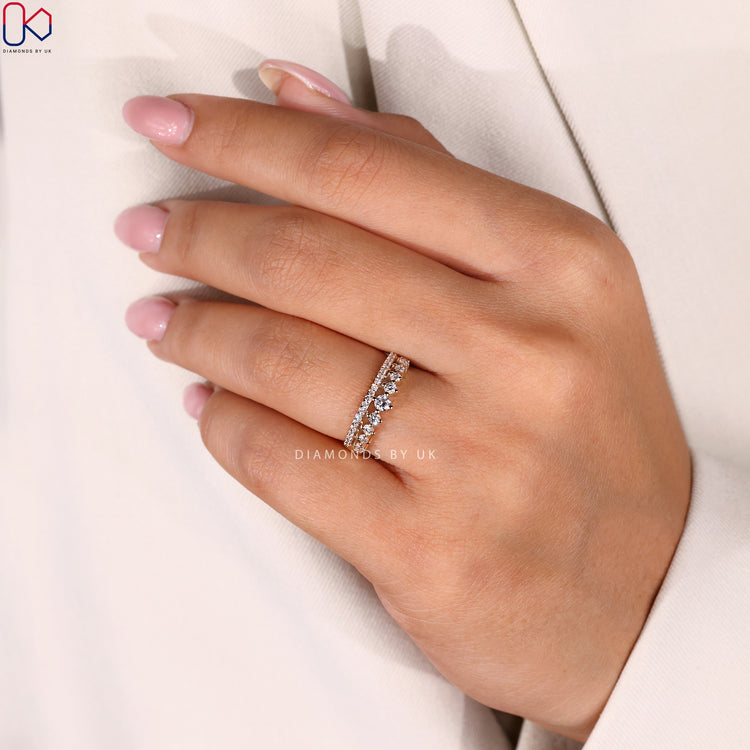 A prong setting wedding band made with lab grown diamonds, perfect for special occasions.