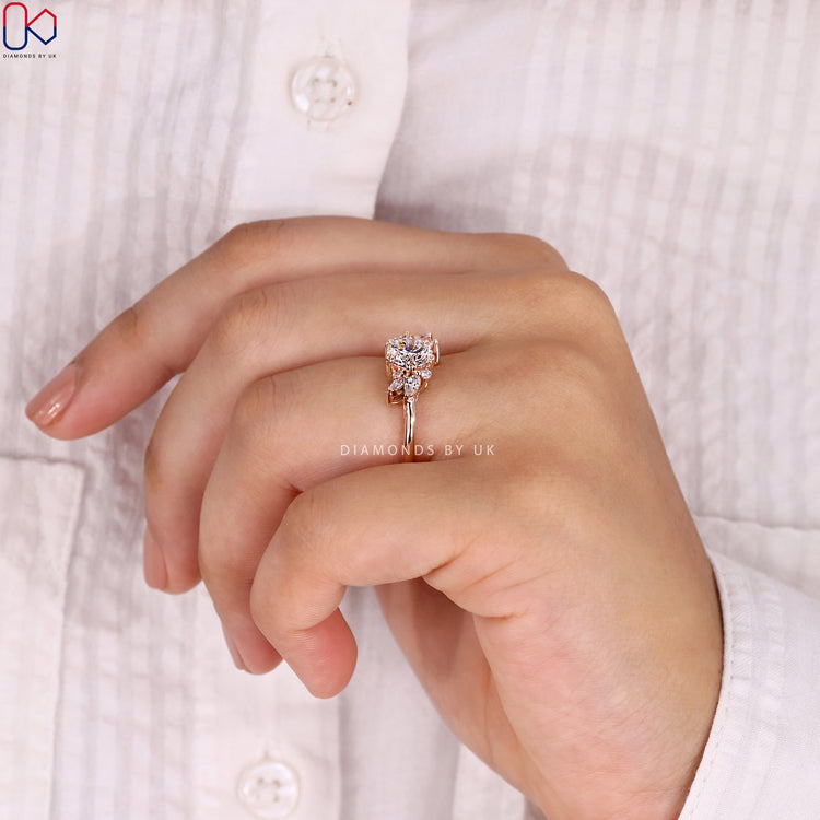 Handmade jewellery paired with round cut diamond ring.
