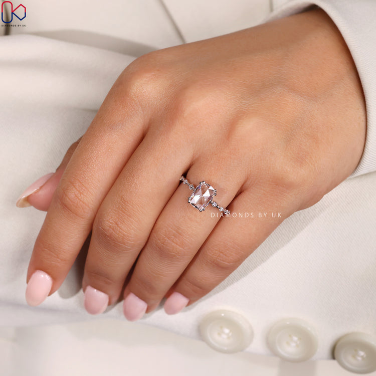 IGI Certified Cushion Rose Cut Diamond Engagement Ring, featuring a double prong setting and white gold band.
