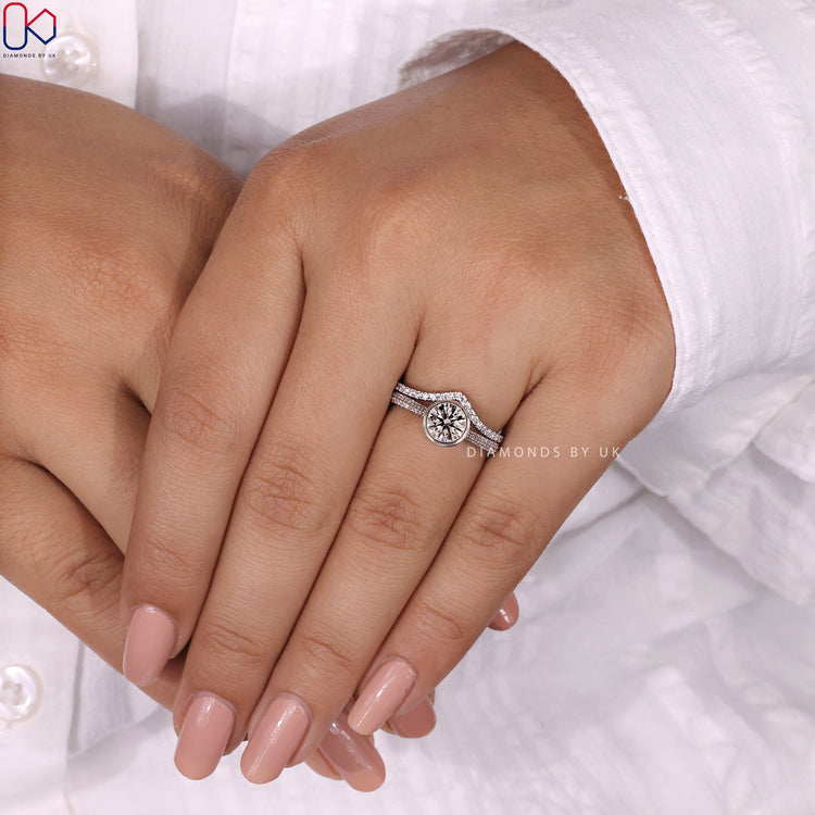 Chevron diamond band adding a unique touch to your bridal jewellery.
