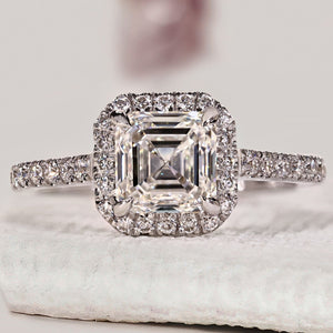 Asscher Cut Diamond Ring With Halo Pave Setting