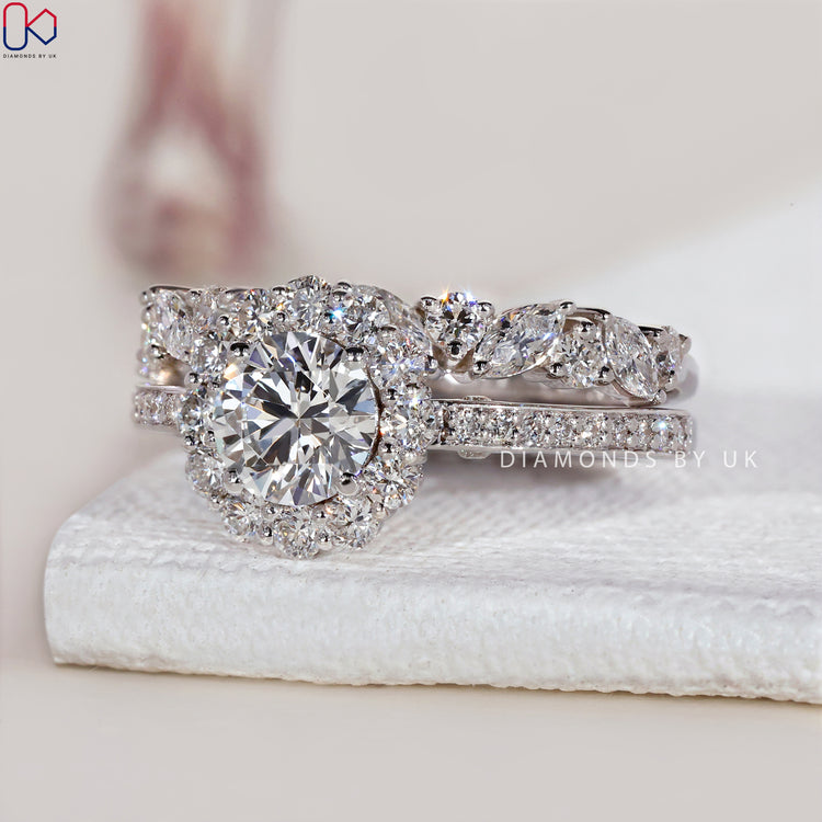 Half eternity wedding band with a sparkling round cut diamond engagement ring in White Gold.
