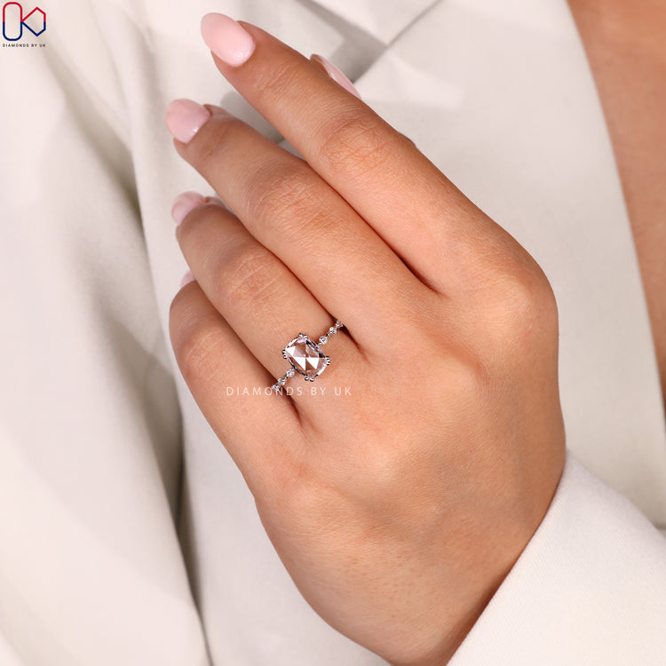Diamondsbyuk Engagement Ring with Cushion Rose Cut Diamond, round side diamonds, and prong setting, crafted with care and precision.
