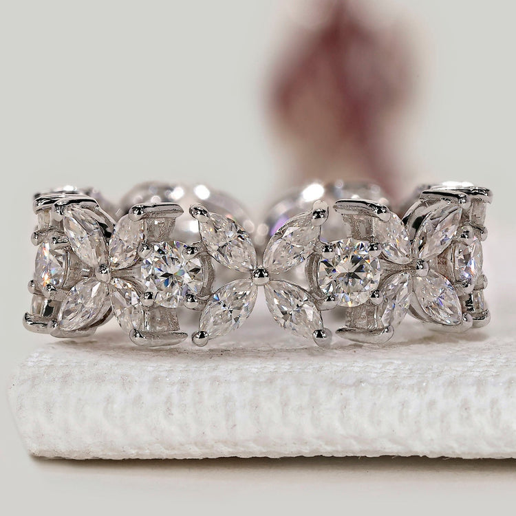 Floral Style Round And Marquise Diamond Wedding Band in Eternity Style