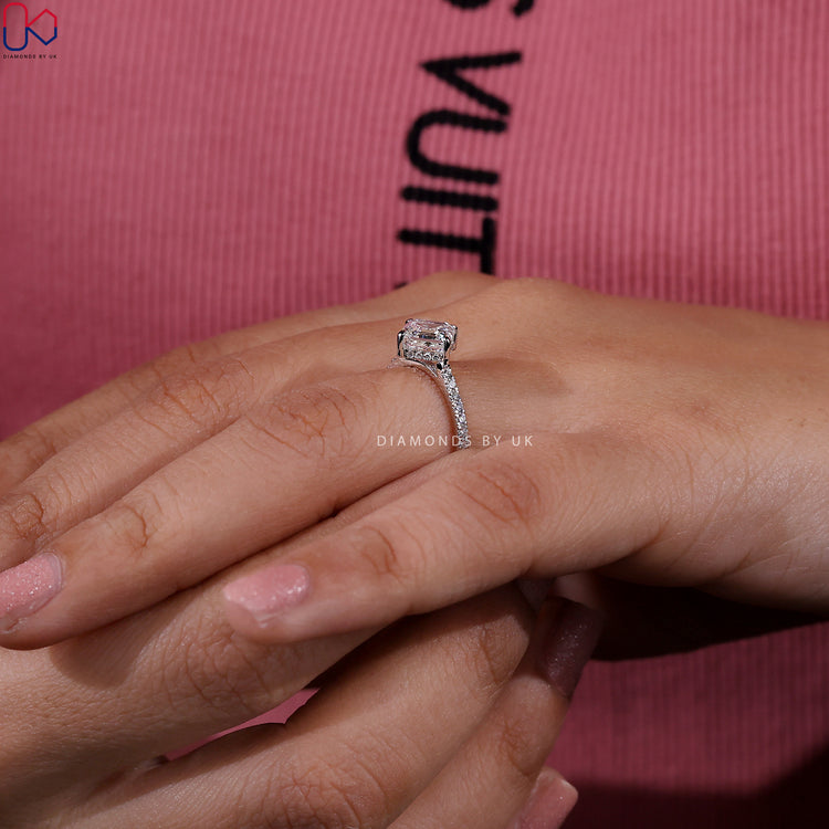 Asscher Cut Diamond Ring combined with a contemporary handmade jewelry look.
