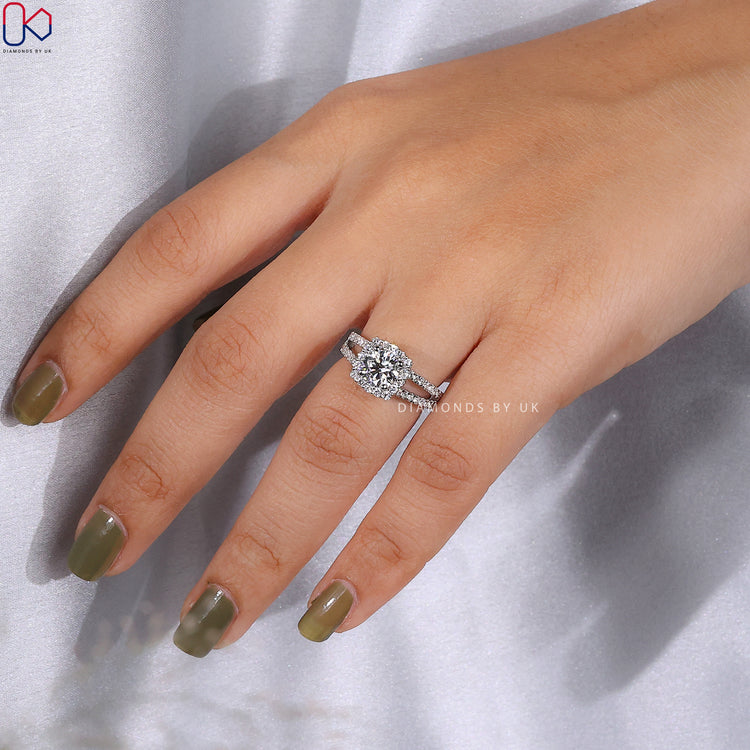 Lab grown diamond ring with round halo design.
