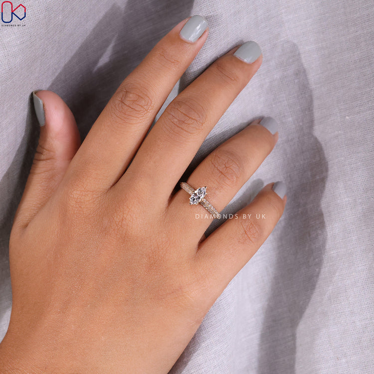 Handmade jewellery featuring a two sided pave set engagement ring.
