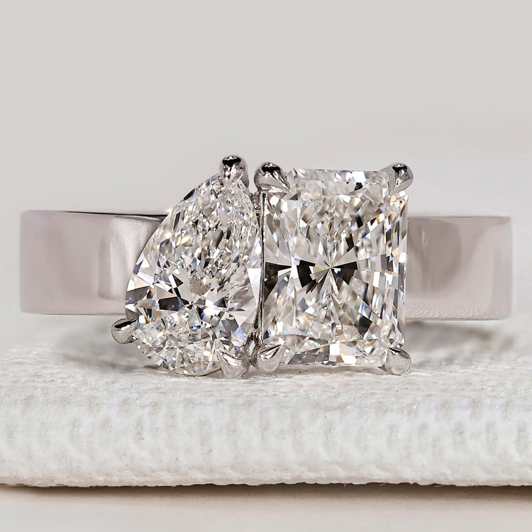 Toi et Moi ring with radiant and pear cut diamonds.
