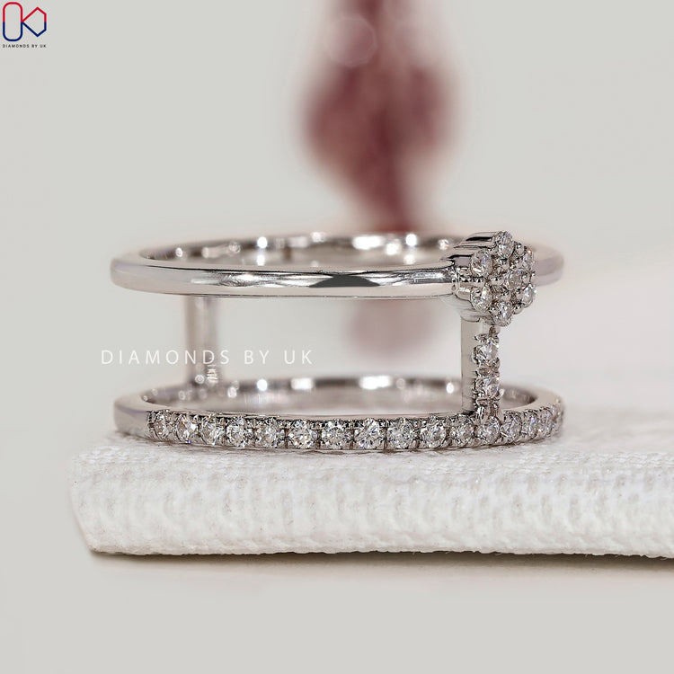 Handmade round diamond wedding band with geometric style.