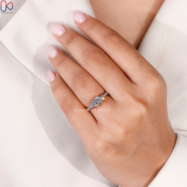 Cathedral princess cut lab grown diamond ring.