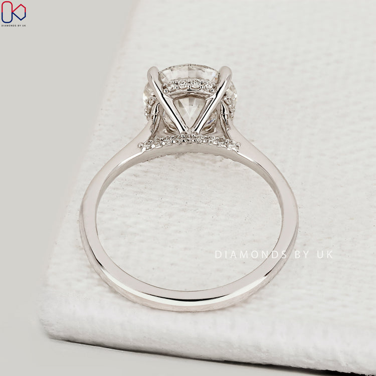 Round diamond ring with cathedral and hidden halo.