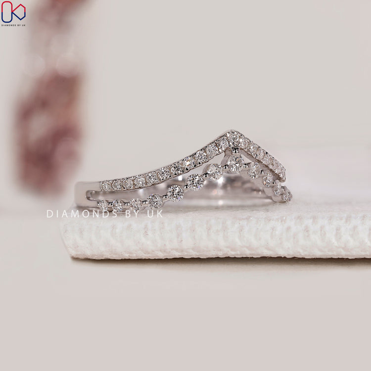 Round cut lab grown diamond chevron band for stacking.
