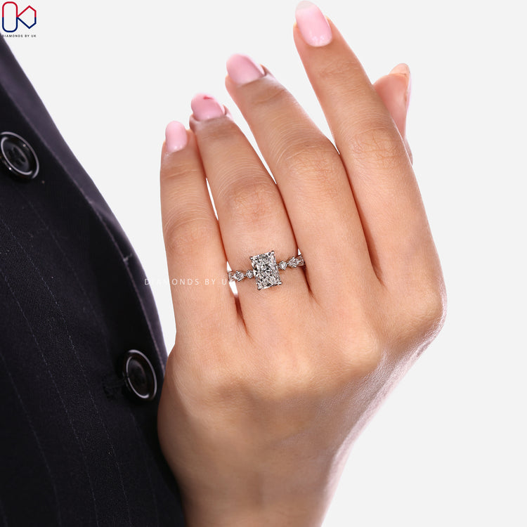 Handmade radiant ring with shared prong pavé style.

