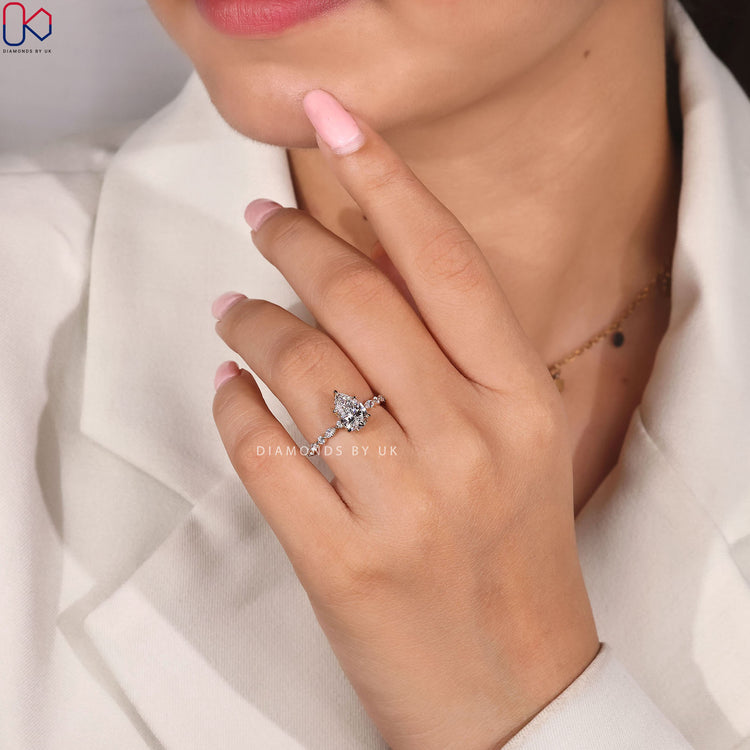 Pear cut ring with hidden halo style, handmade.