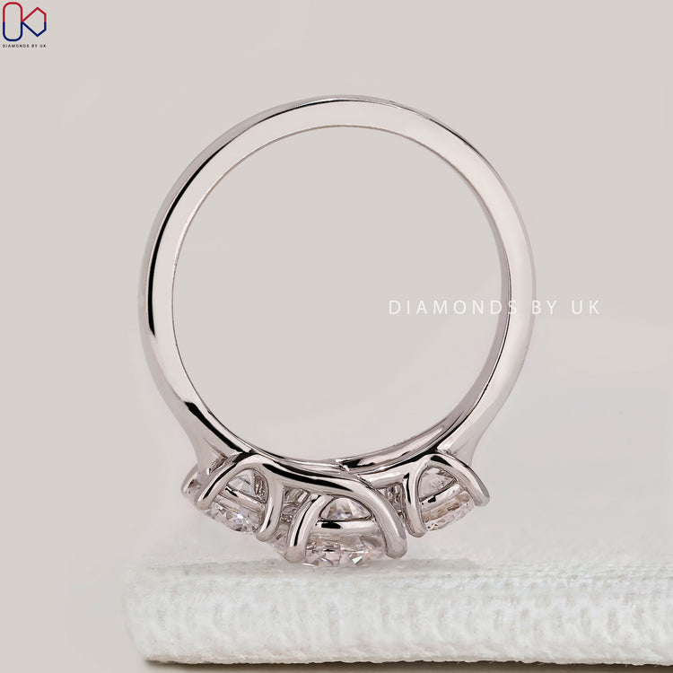 Three stone ring with trellis and side diamonds.
