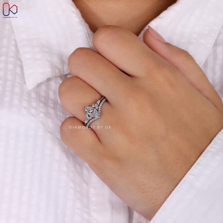 Chevron wedding band with round lab grown diamonds.