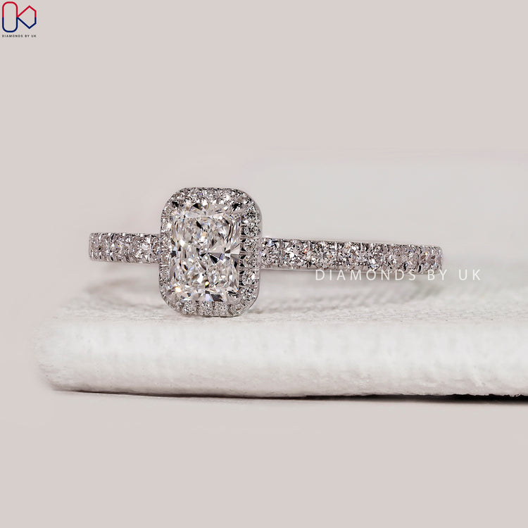 Radiant cut lab grown diamond ring with halo.