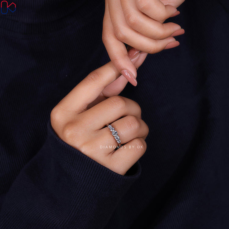 Round Cut Half Eternity Diamond Wedding Band with Trellis Setting