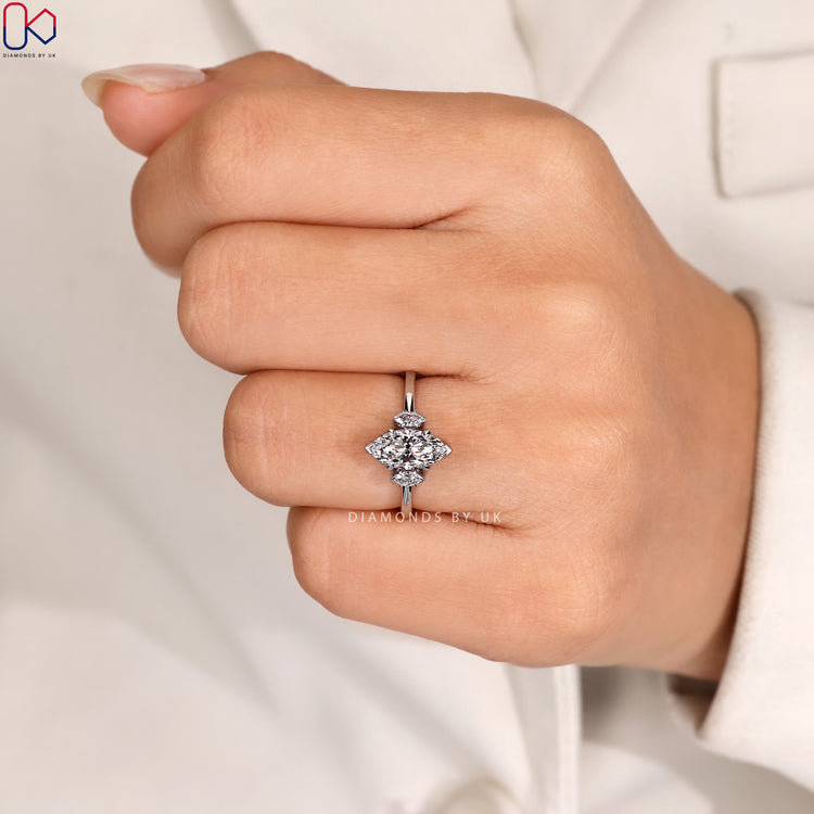 Three stone marquise ring with four claw setting.