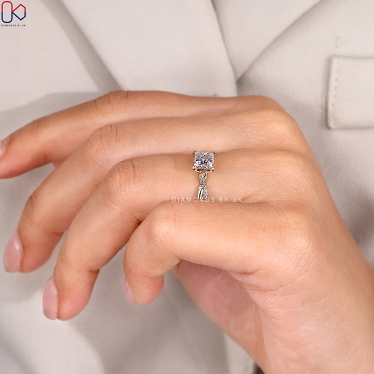 Lab grown princess cut ring with pavé band.