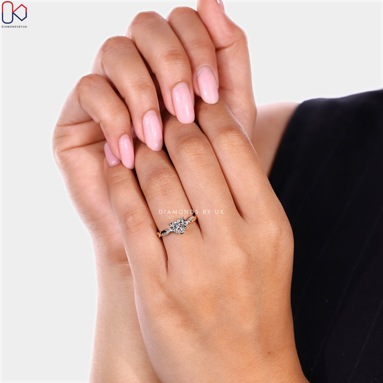 Handmade lab grown heart diamond ring with V prongs.
