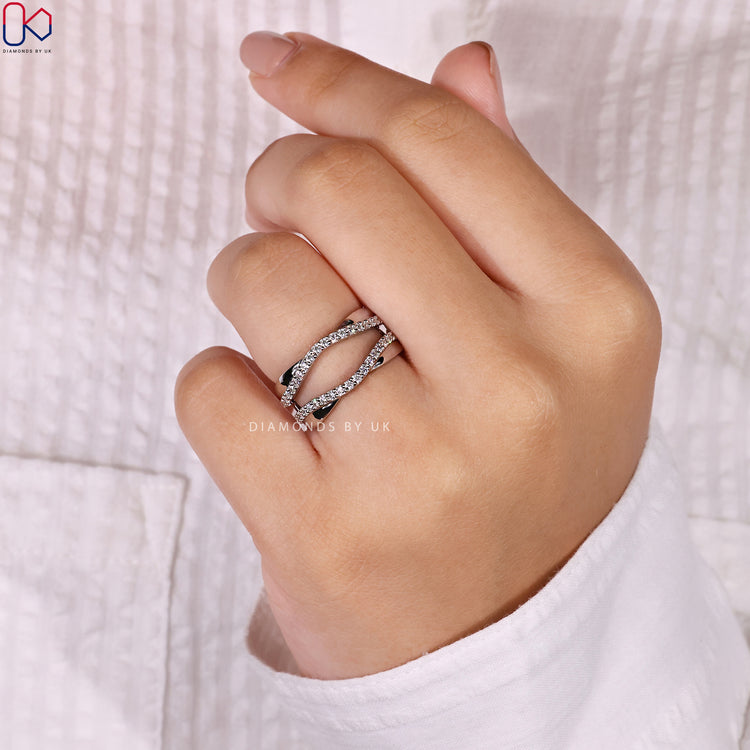 Handmade diamond wedding band with wrap guard style.