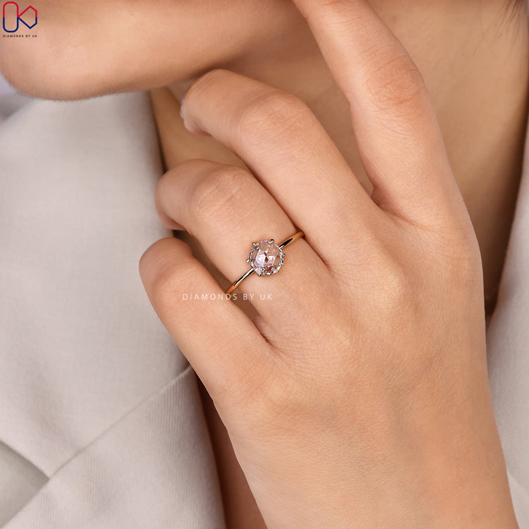 Handmade lab grown round rose cut diamond ring.