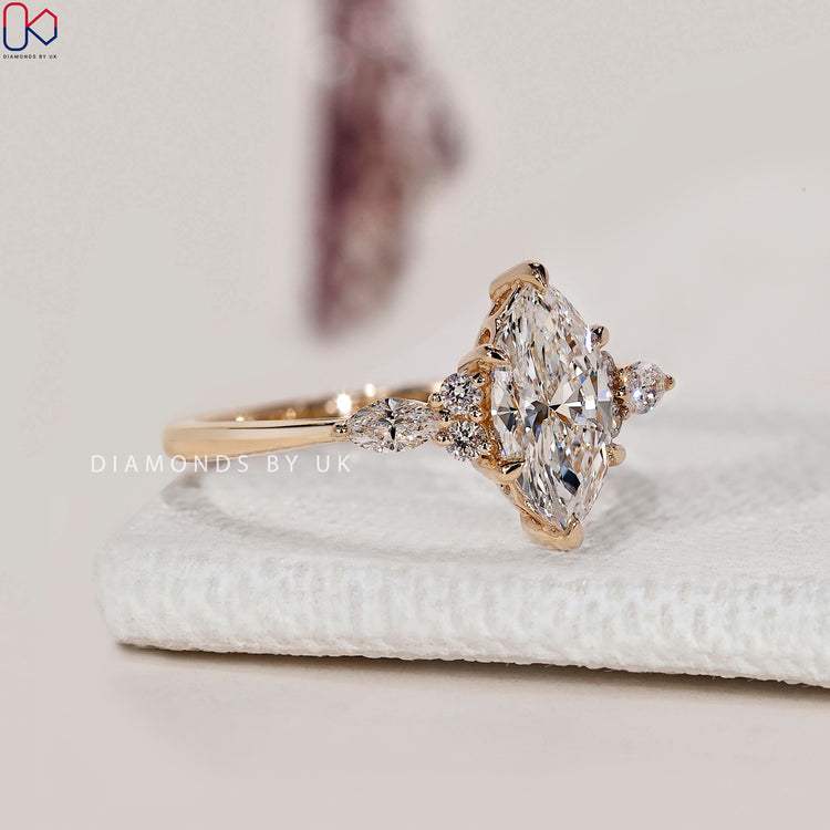 Seven stone marquise cut diamond ring, handmade.