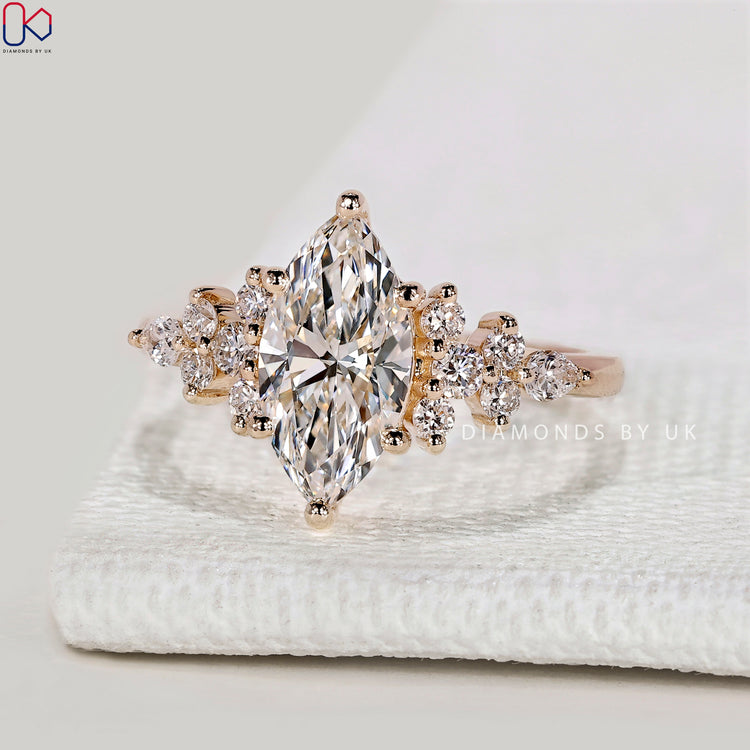 Marquise lab grown diamond ring with muse setting.
