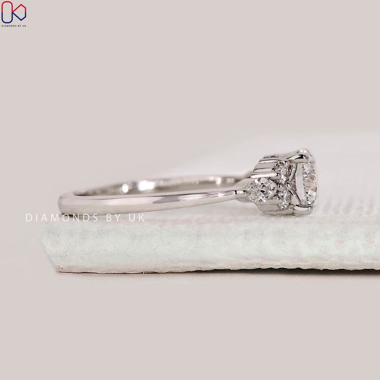 Handmade round cut ring with tapered shank style.