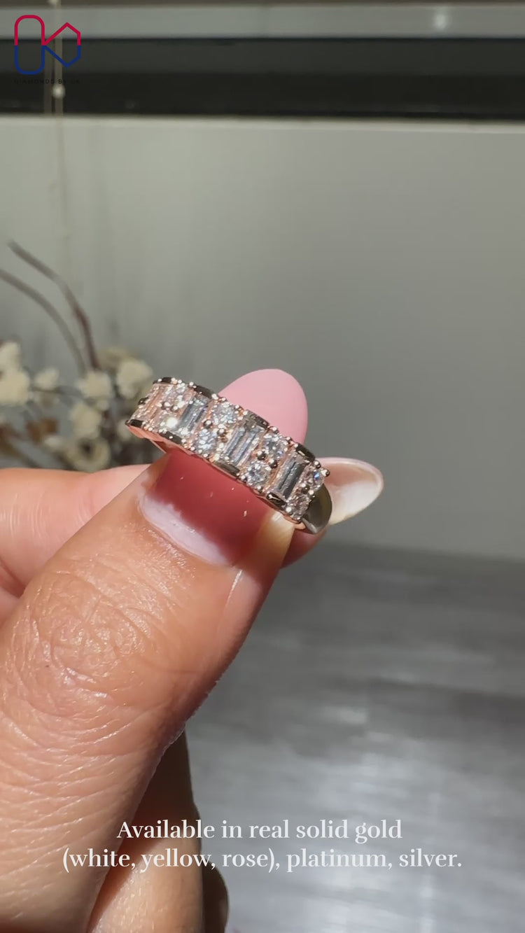 Baguette diamond wedding band in rose gold wedding band.
