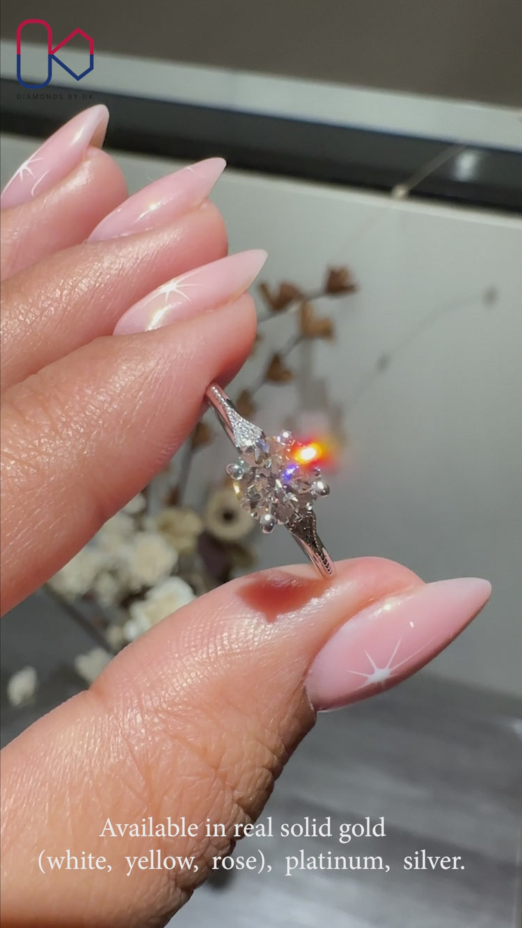 Round cut diamond ring with a sleek white gold band.
