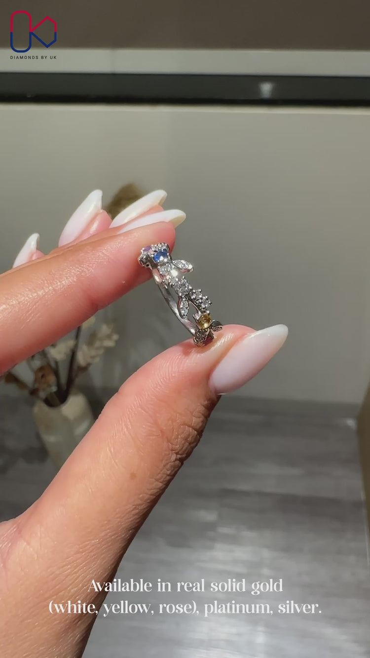 Nature inspired wedding band with lab grown diamonds.
