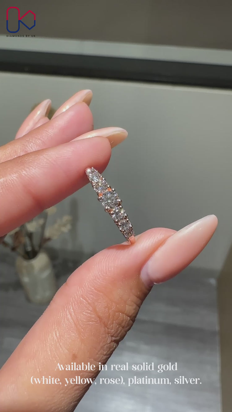 7 stone wedding band in a 4 prong setting.
