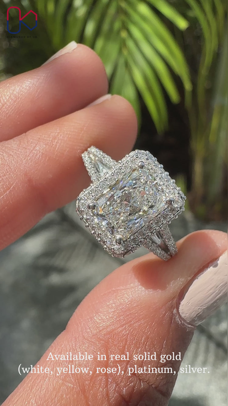 Halo diamond ring featuring a radiant cut diamond for extra sparkle.