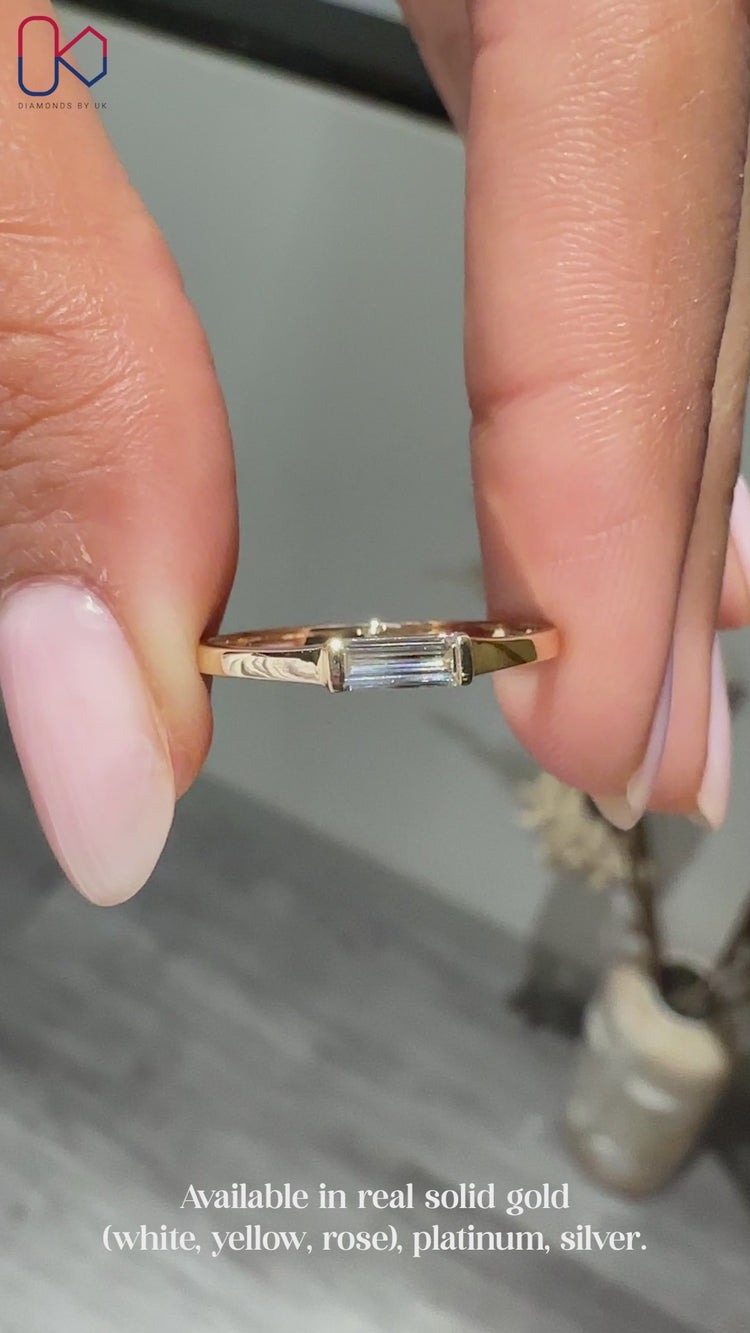 Lab grown diamond wedding band with east to west setting.