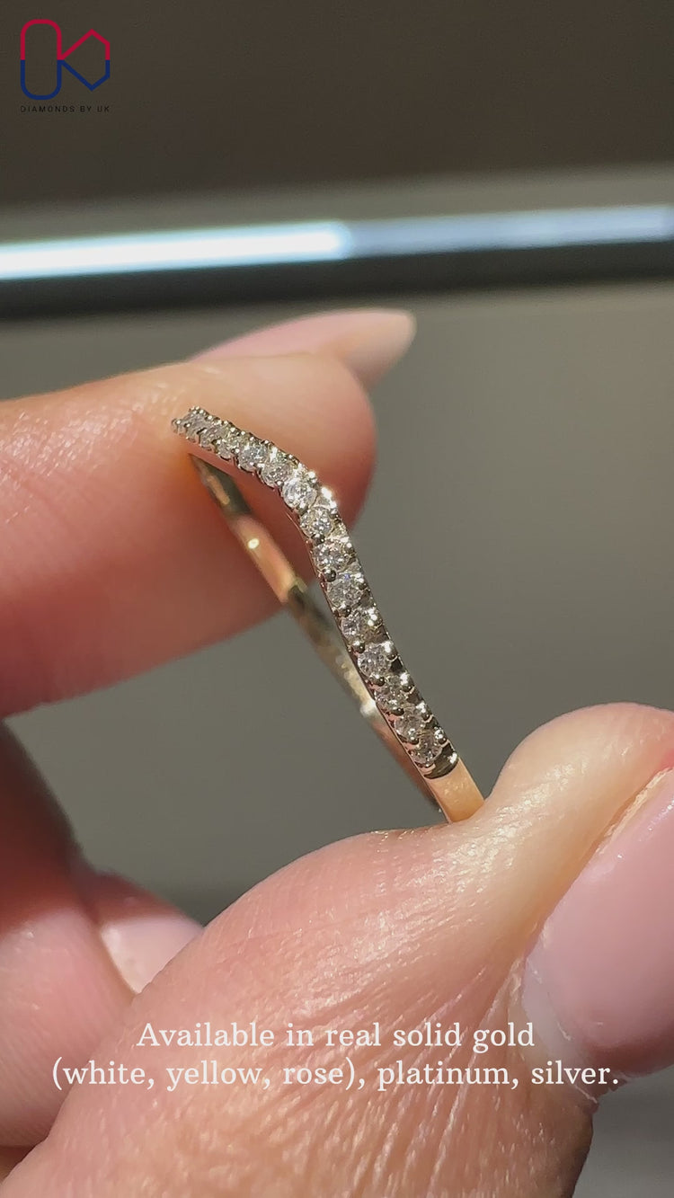 Handmade lab grown diamond band with curved style.