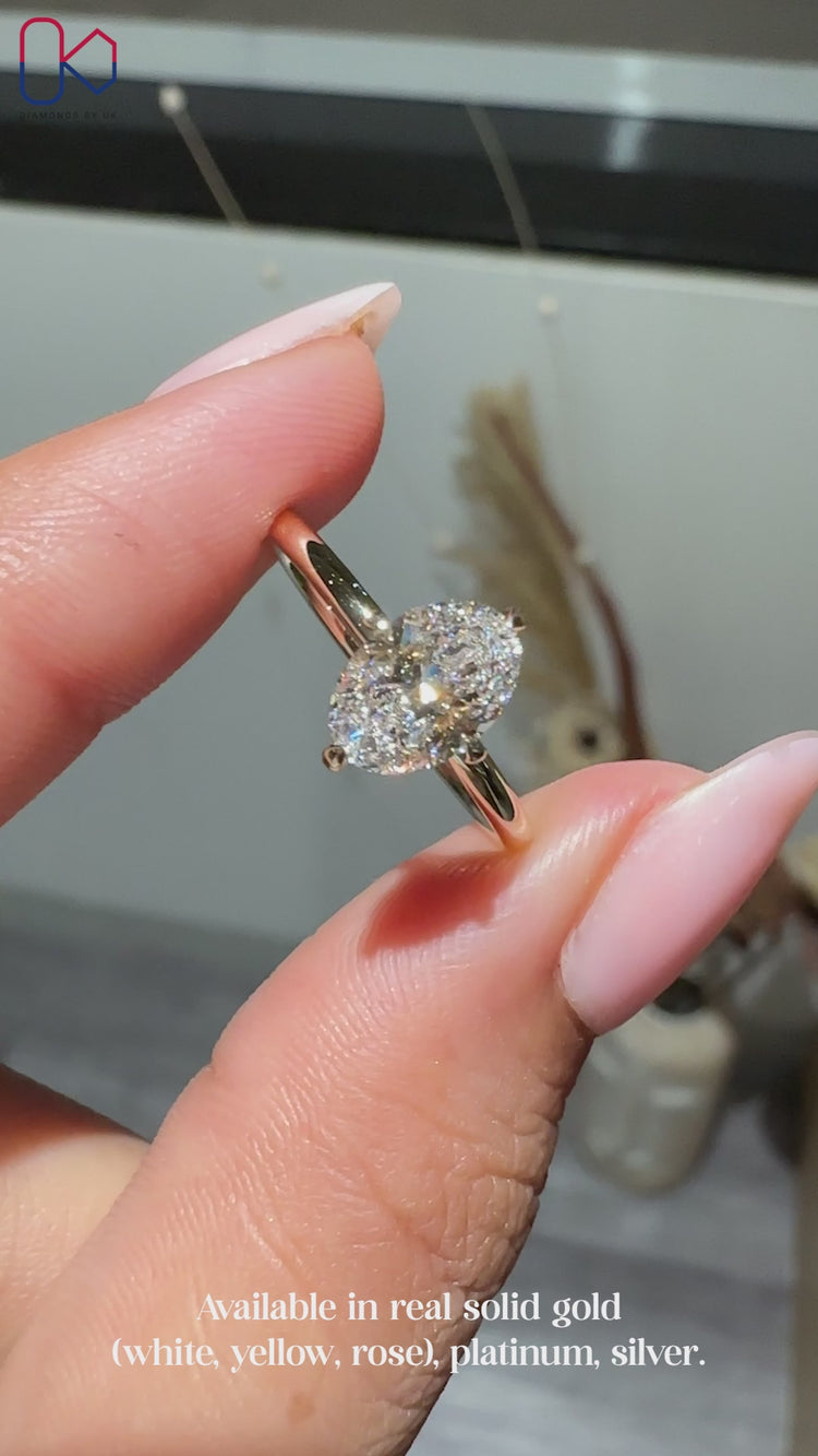 Oval cut ring with classic solitaire setting style.
