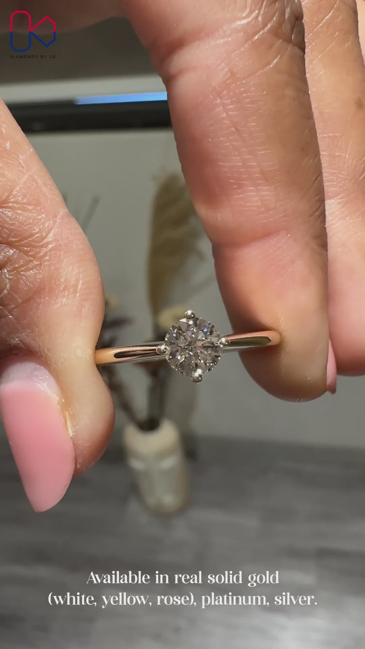 Solitaire setting engagement ring with round cut diamond.
