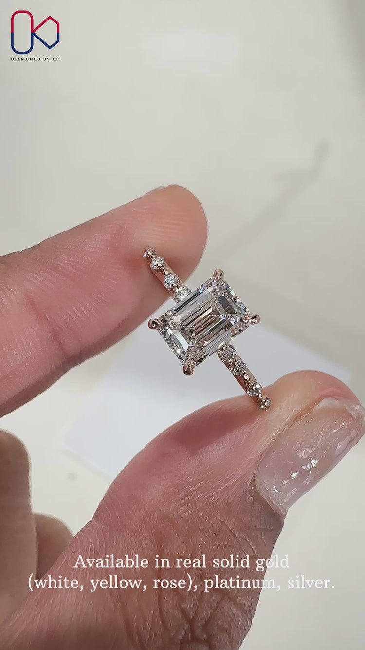 Distance pave engagement ring with a shimmering band.

