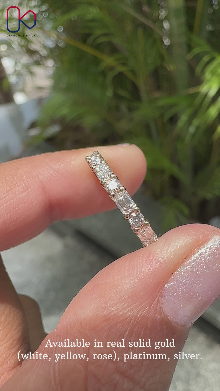 Emerald and round diamond eternity band handmade.
