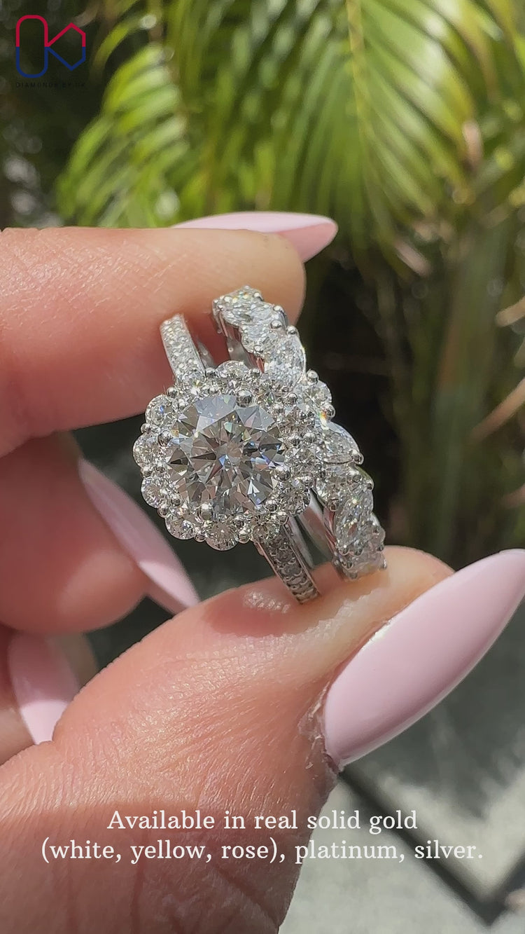 Elegant pave round cut diamond band paired with a White Gold bridal set for timeless beauty.
