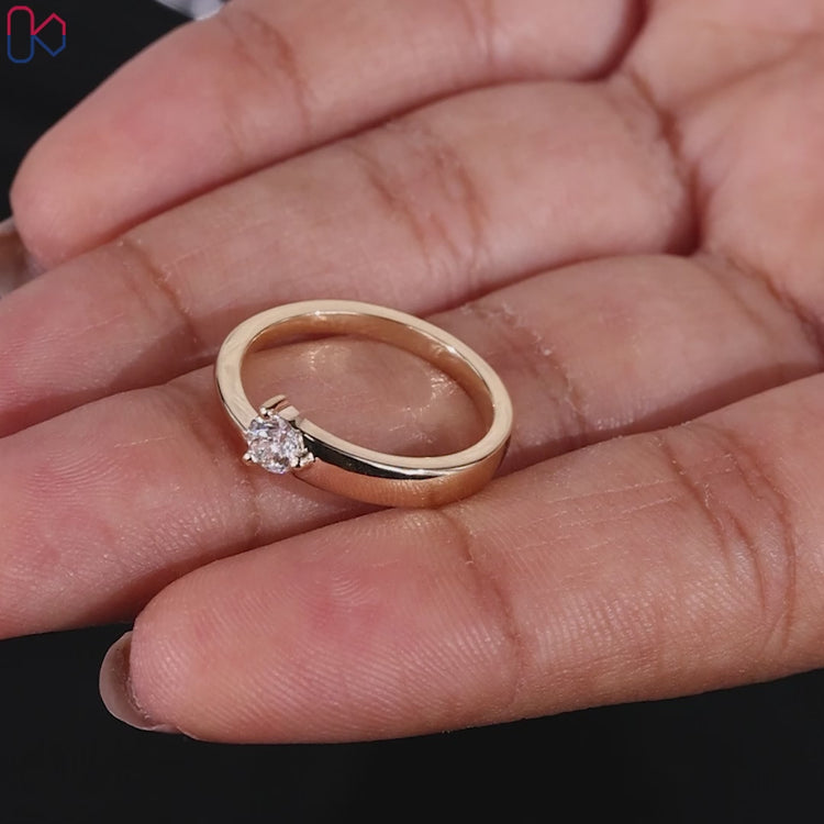 Round solitaire ring in a yellow gold setting.
